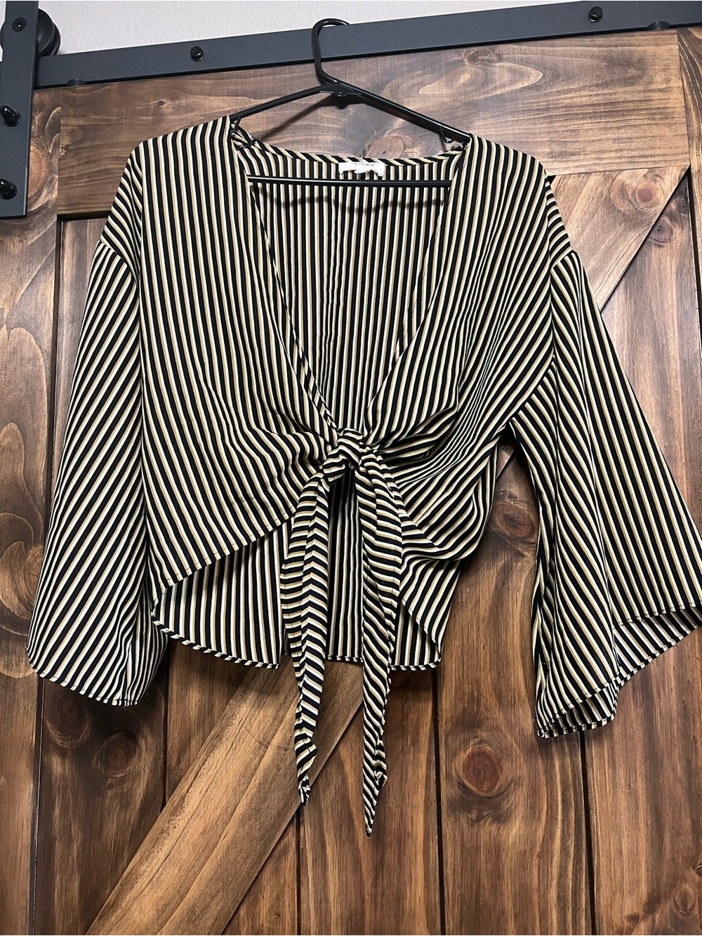 Honey Belle Striped Tie-Front Cropped Blouse Bell Sleeve Neutral Medium